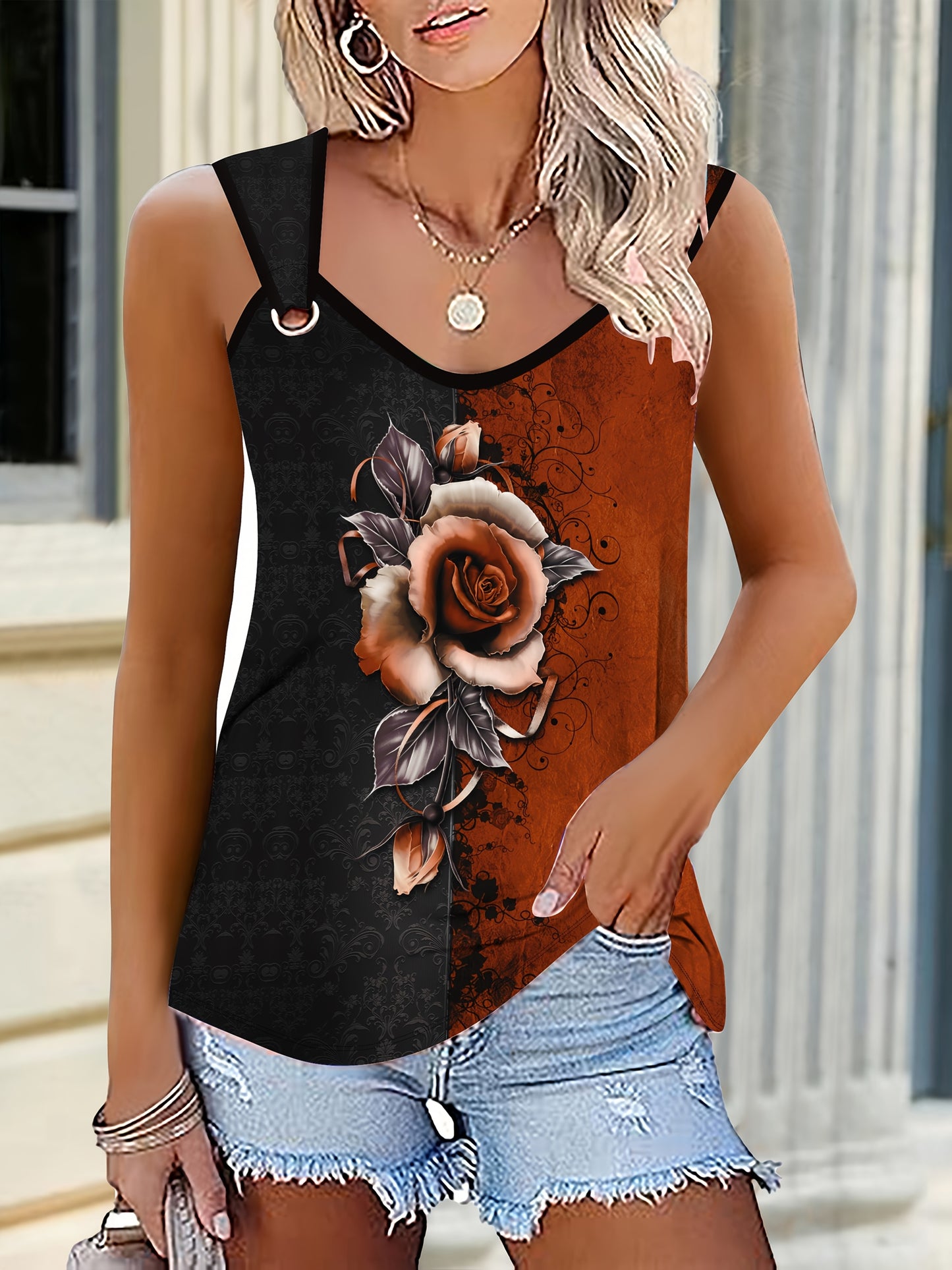 Elegant V-Neck Floral Print Tank Top for Women, Polyester Knit Fabric with Medium Stretch, 3D Rose Pattern, with Crew Neck and Keyhole Back Detail, for Summer Wear