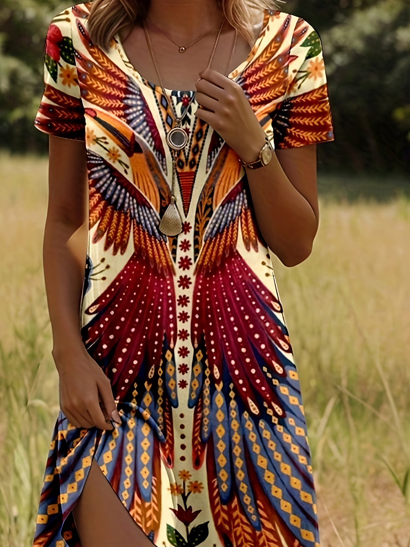 Print Women's A-Line Dress with Vibrant Ethnic Print - Vintage Style Short Sleeve Round Neck Knee-Length Flared Skirt - Polyester & Spandex Blend for Spring, Summer, and Fall Casual Wear