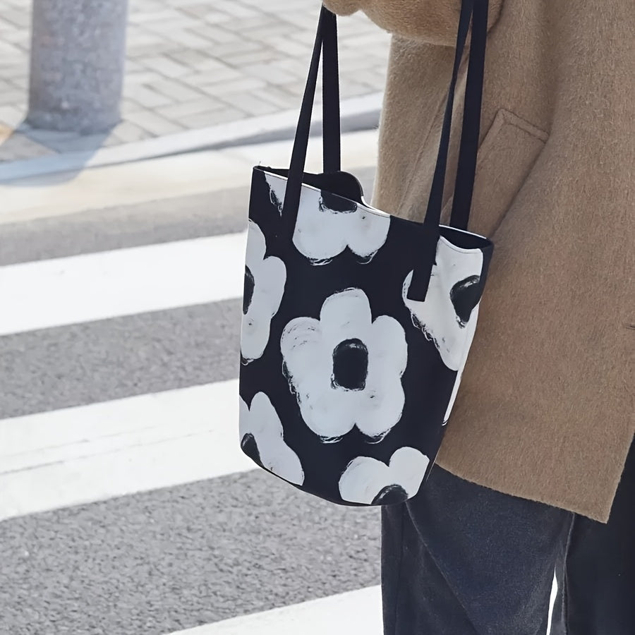 Floral Oxford Cloth Bucket Bag for Women - Stylish Summer Handbag with Oil Painting Flower Design, Large Capacity, Green/Blue/Black, Perfect for Casual Outings, Ladies Handbags