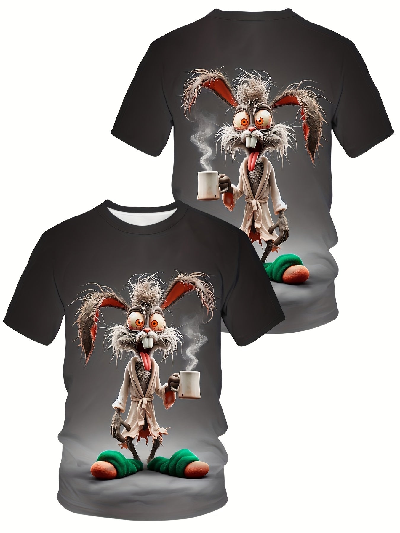 Men's Plus Size T-Shirt with Whimsical Rabbit 3D Print - Casual Streetwear, Short Sleeve, Round Neck, Stretchy Polyester Blend, Perfect for Summer Outings & Vacations, Oversized T Shirt, PLUS SIZE