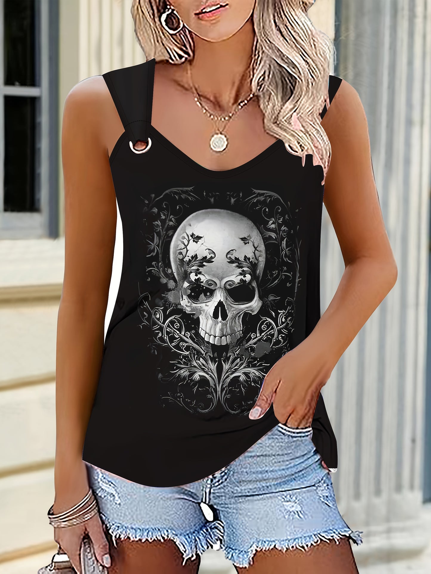 Women's Elegant V-Neck Tank Top with 3D Skull Print, Polyester & Spandex Blend, Medium Stretch Knit Fabric, Summer Casual Sporty Sleeveless Shirt