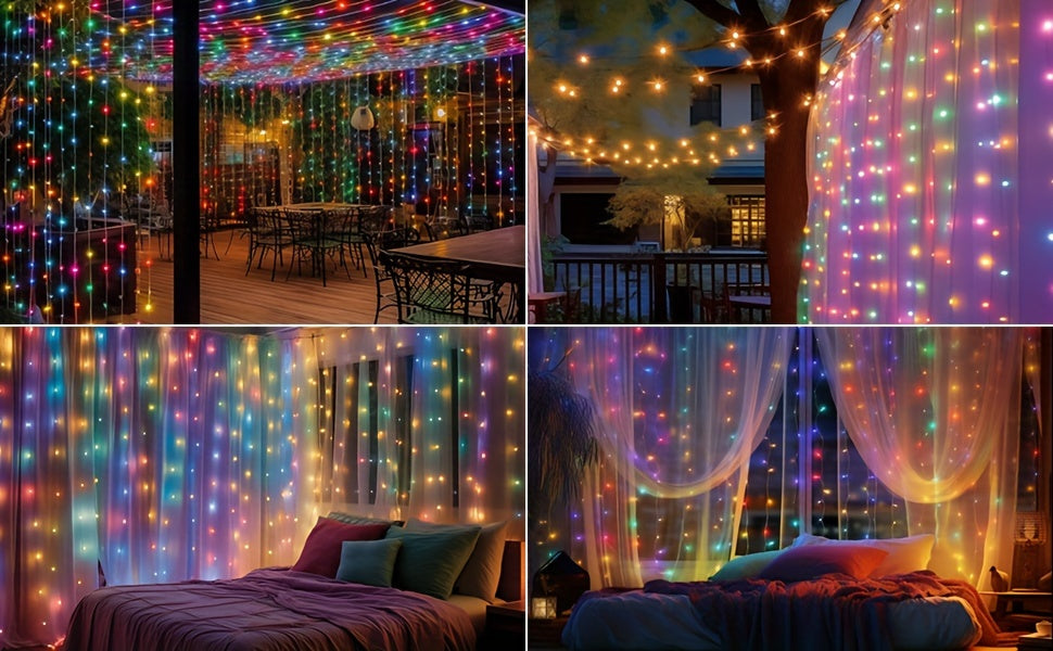 Upgraded 300LED Curtain Lights Battery Operated Outdoor Waterproof, 10ftx10ft Twinkle Hanging Waterfall Lights With Remote Control 8 Mode Dimmable String Fairy Lights For Bedroom Porch Gazebo