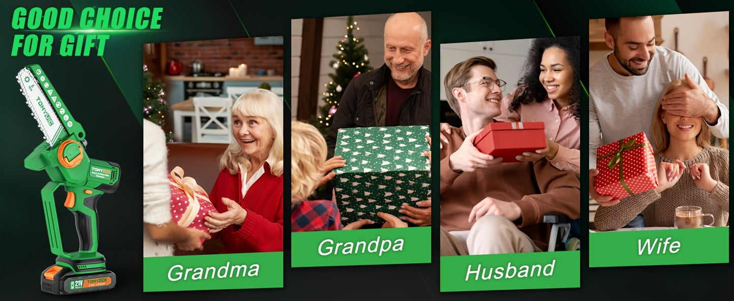 21V 2-Battery 6-Inch Cordless Electric Mini Chainsaw - Handheld Battery Powered Chain Saw for Tree Trimming Wood Cutting Garden