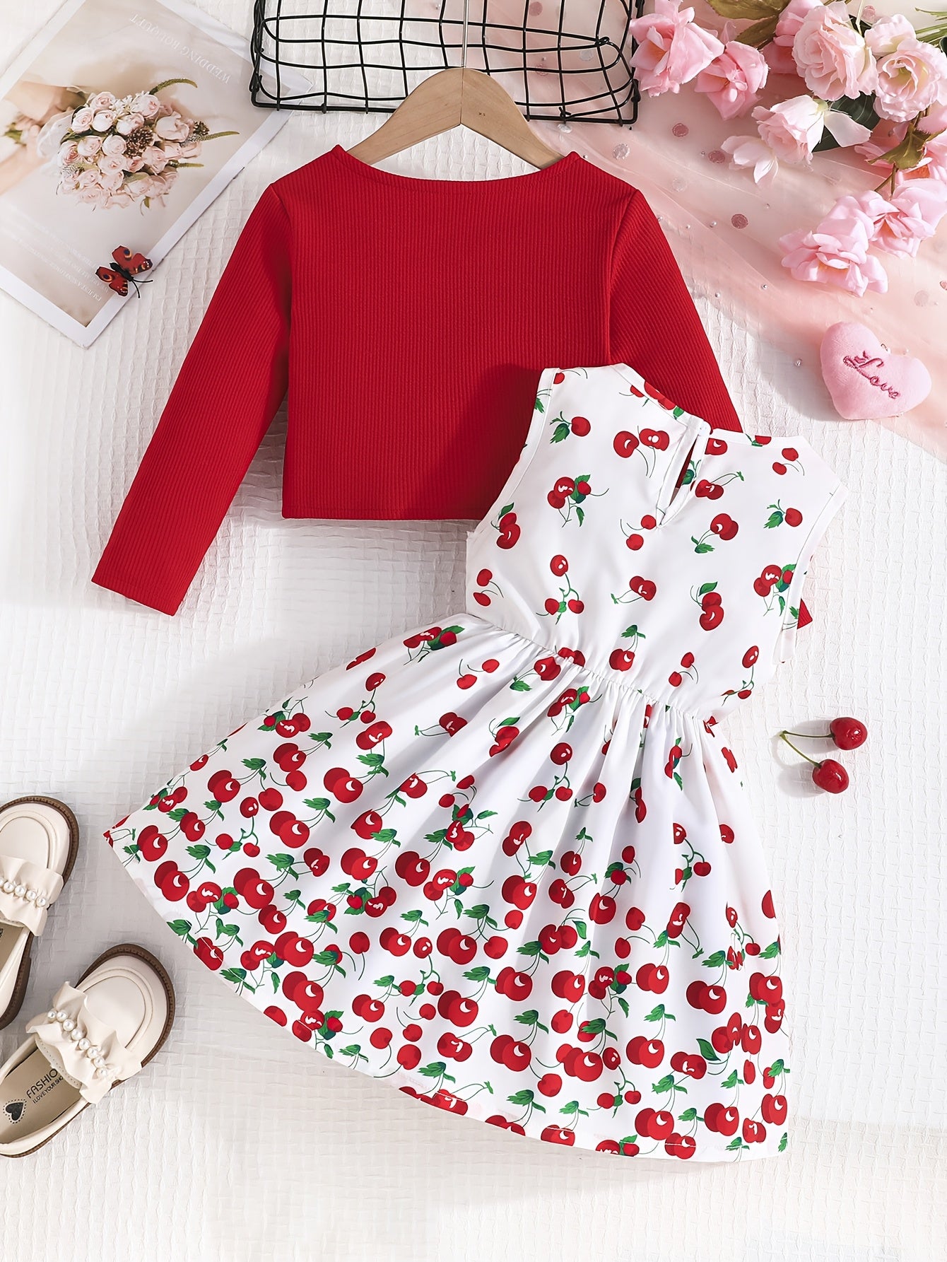 Romantic Cute 2pcs Long-sleeved Cardigan Jacket + Sleeveless Bow Sundress Set for Girls - Sweet Stylish Valentine's Day Outfit