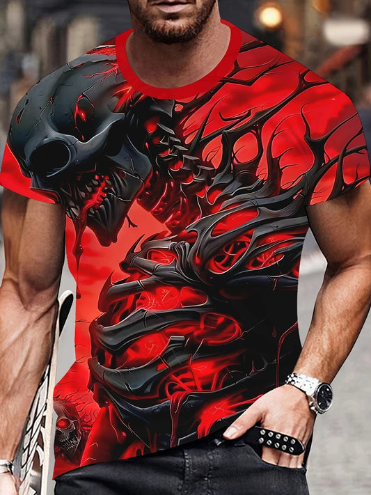 Men's 3D Skull Print T-Shirt, Casual Crew Neck Short Sleeve Tee, 100% Polyester Knit Fabric, Regular Fit Fashion Top