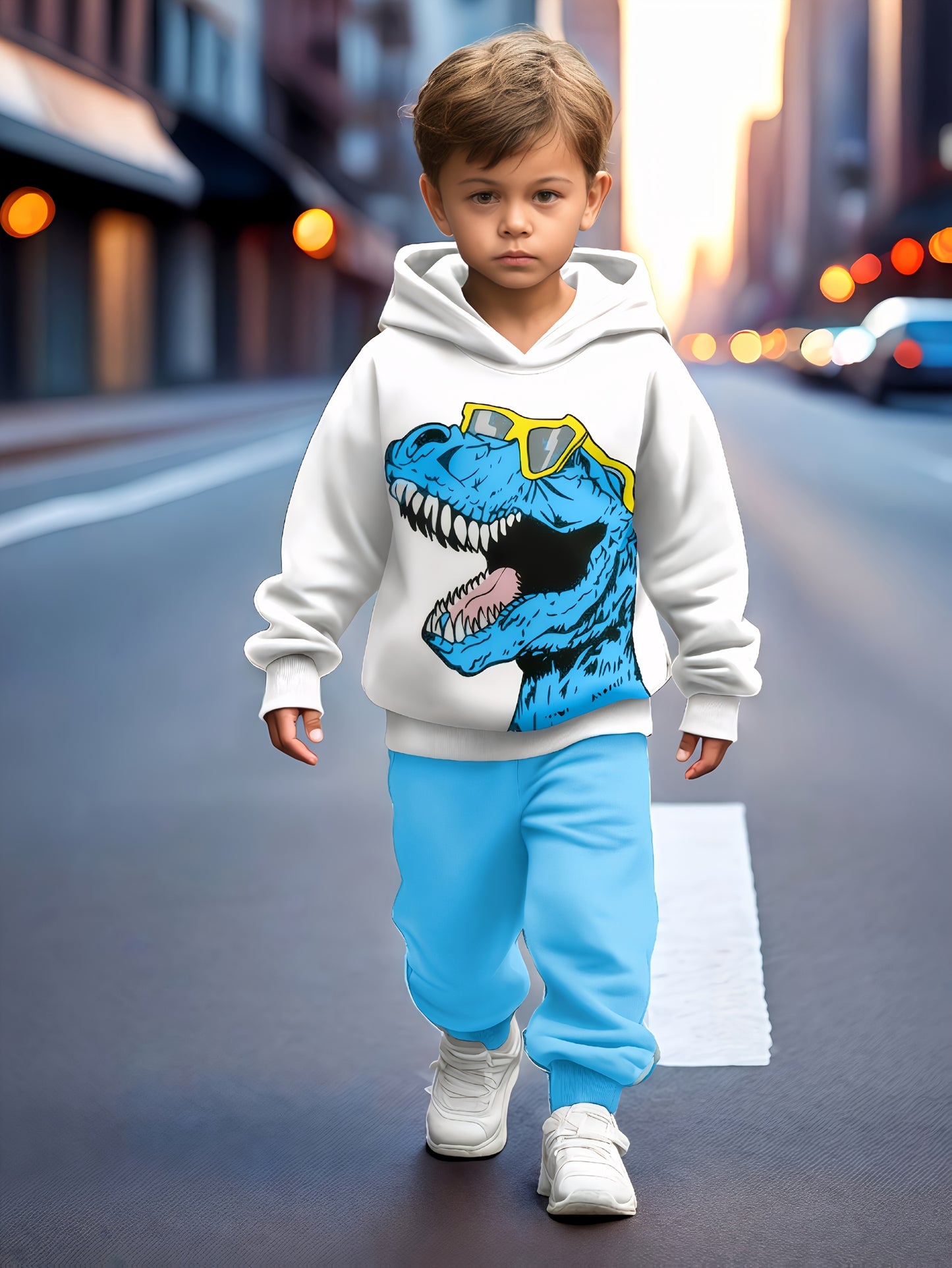 2pcs boy's cartoon dinosaur print sweatshirt sports suit, hooded sweatshirt + jogging pants sports Youngsters's clothing gift. Comfortable fabric, spring and autumn season, 2pcs sports sweatshirt set. Suitable for outdoor use