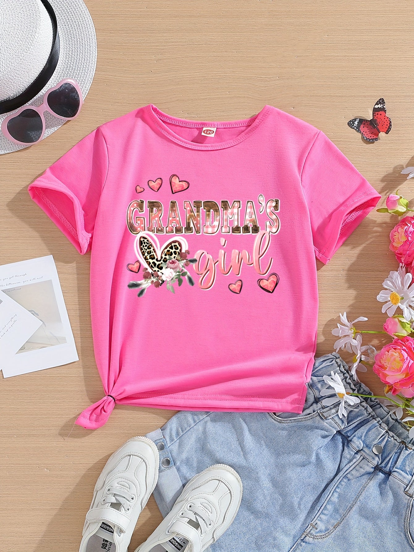 Adorable "Grandma's Girl" Pink T-Shirt for Girls - Soft & Stretchy Polyester Crew Neck Short Sleeve Tee with Heart & Butterfly Accents, Perfect for Summer, Girls Shirts