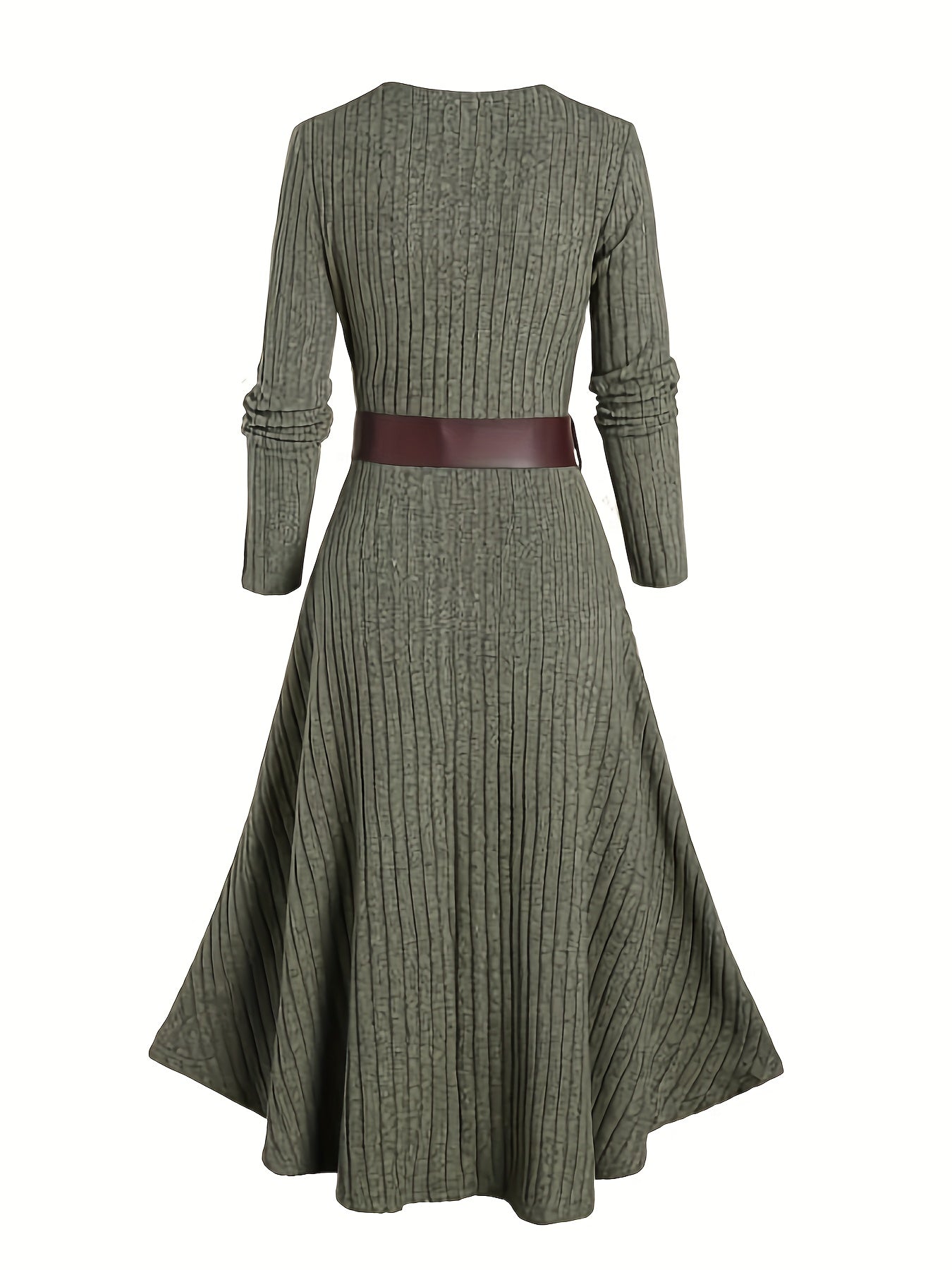 Y2K Style Long Sleeve 2-In-1 Knitted Dress with Ribbed Color-Blocking, Solid Color, Square Neck, Belt Detail for Adults