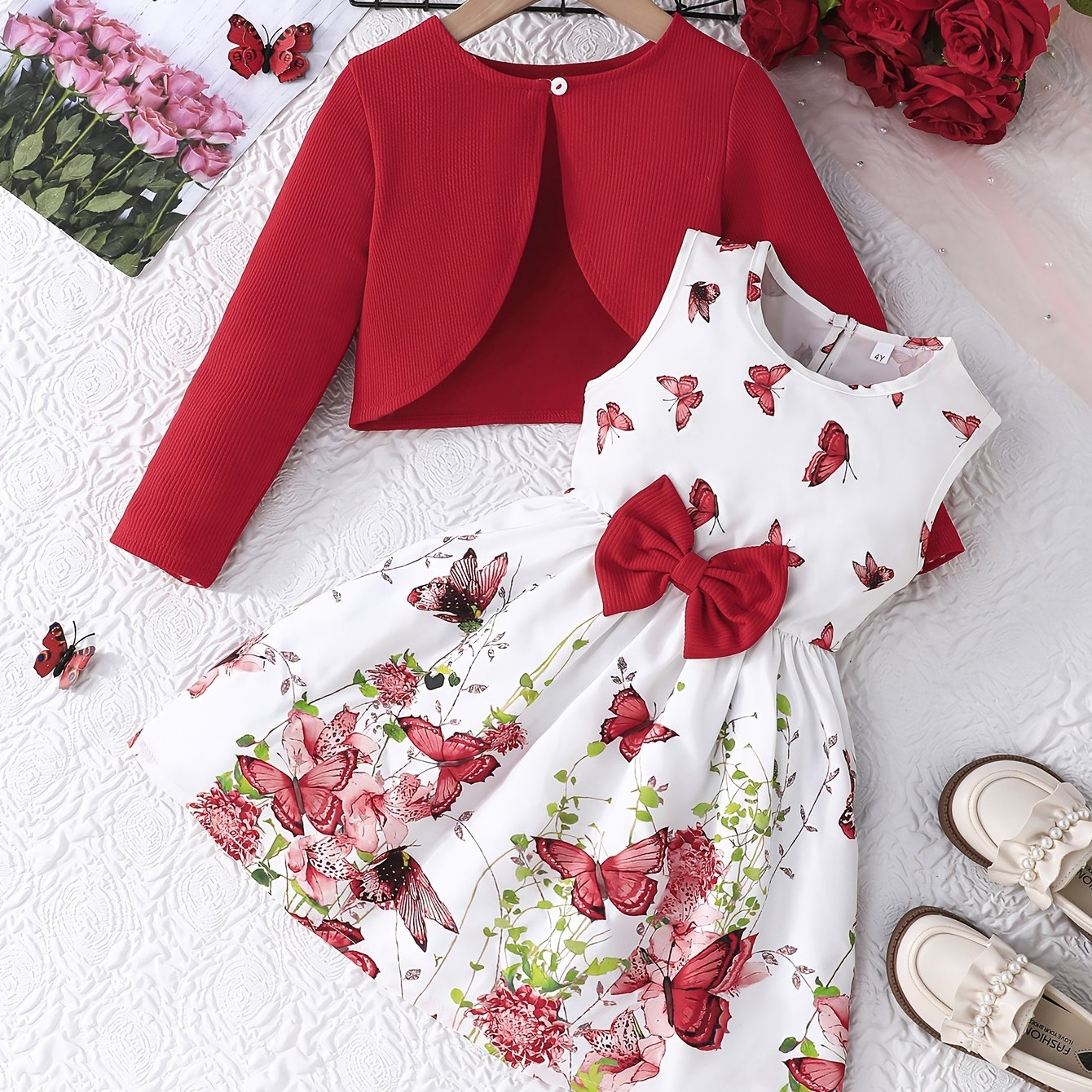 Romantic Cute 2pcs Long-sleeved Cardigan Jacket + Sleeveless Bow Sundress Set for Girls - Sweet Stylish Valentine's Day Outfit