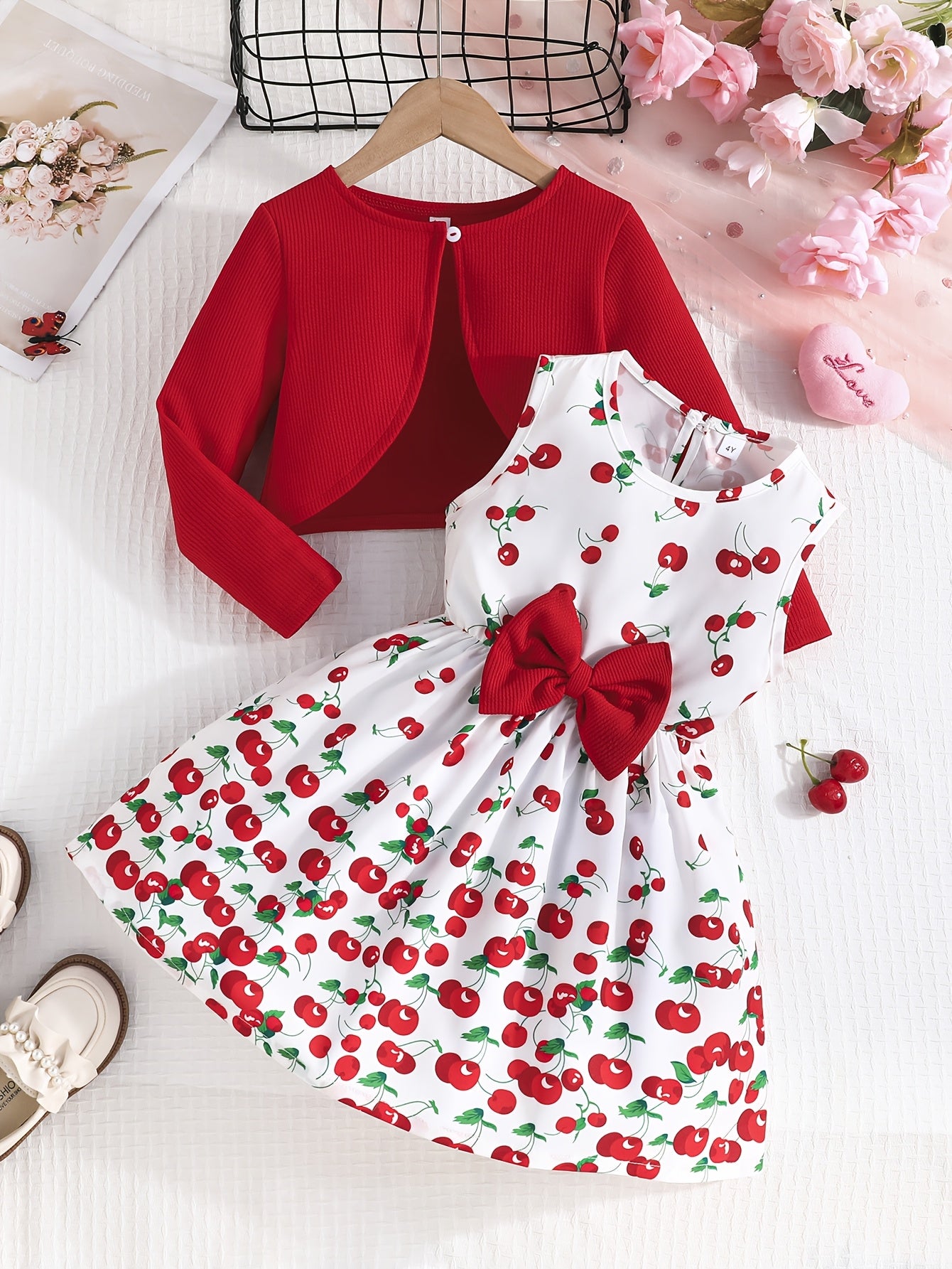 Romantic Cute 2pcs Long-sleeved Cardigan Jacket + Sleeveless Bow Sundress Set for Girls - Sweet Stylish Valentine's Day Outfit