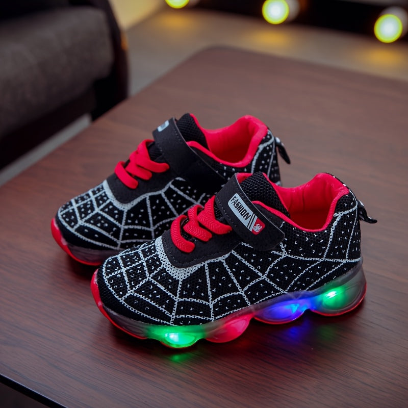 Casual Cool Spider Net Woven Shoes With LED Light For Boys, Breathable Non-slip Sneakers For Walking Running Training