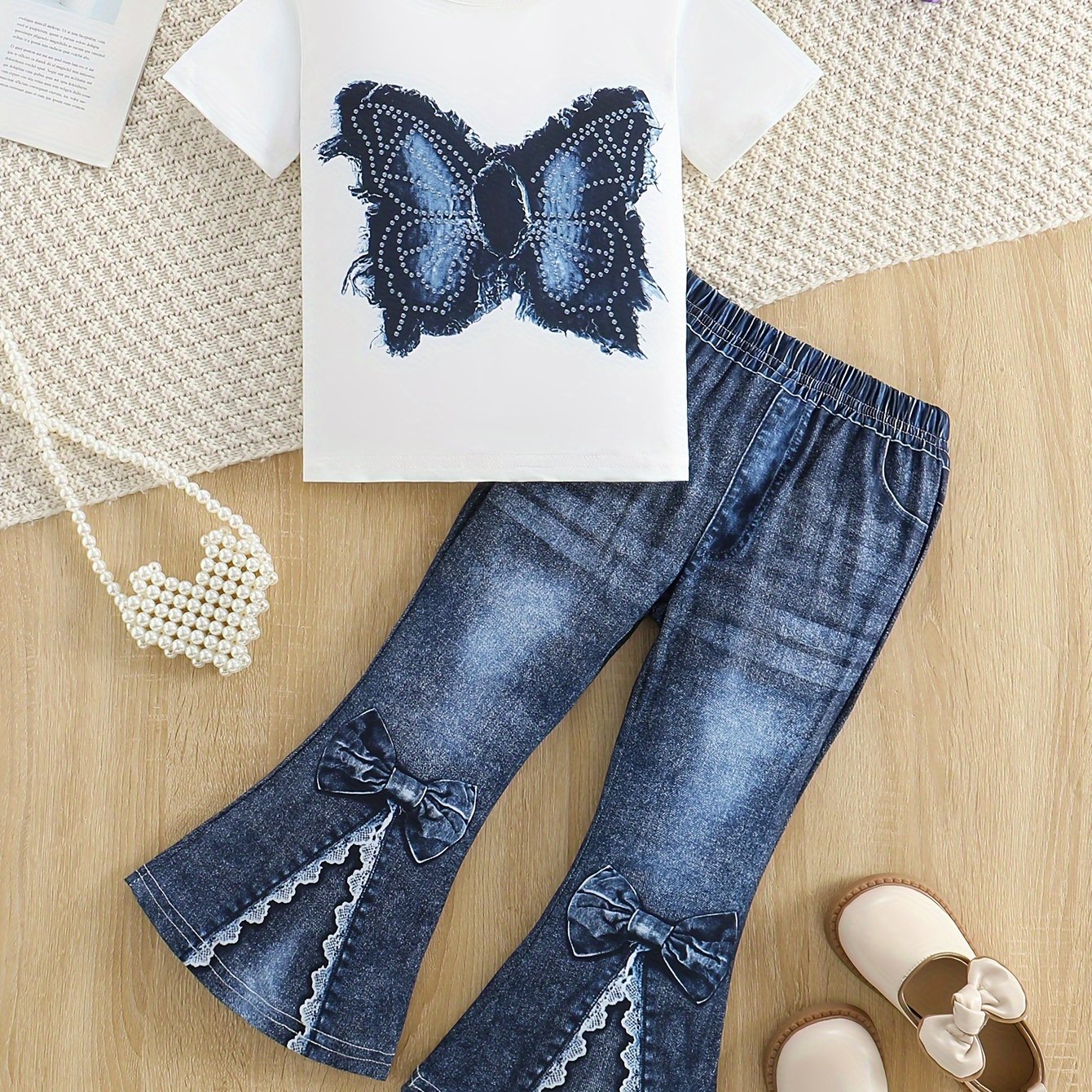 Chic Girls' 2pcs Set: Butterfly Print Short Sleeve Tee & Faux Denim Bell Bottoms - Machine Washable, Spring/Fall, Perfect for Outdoor