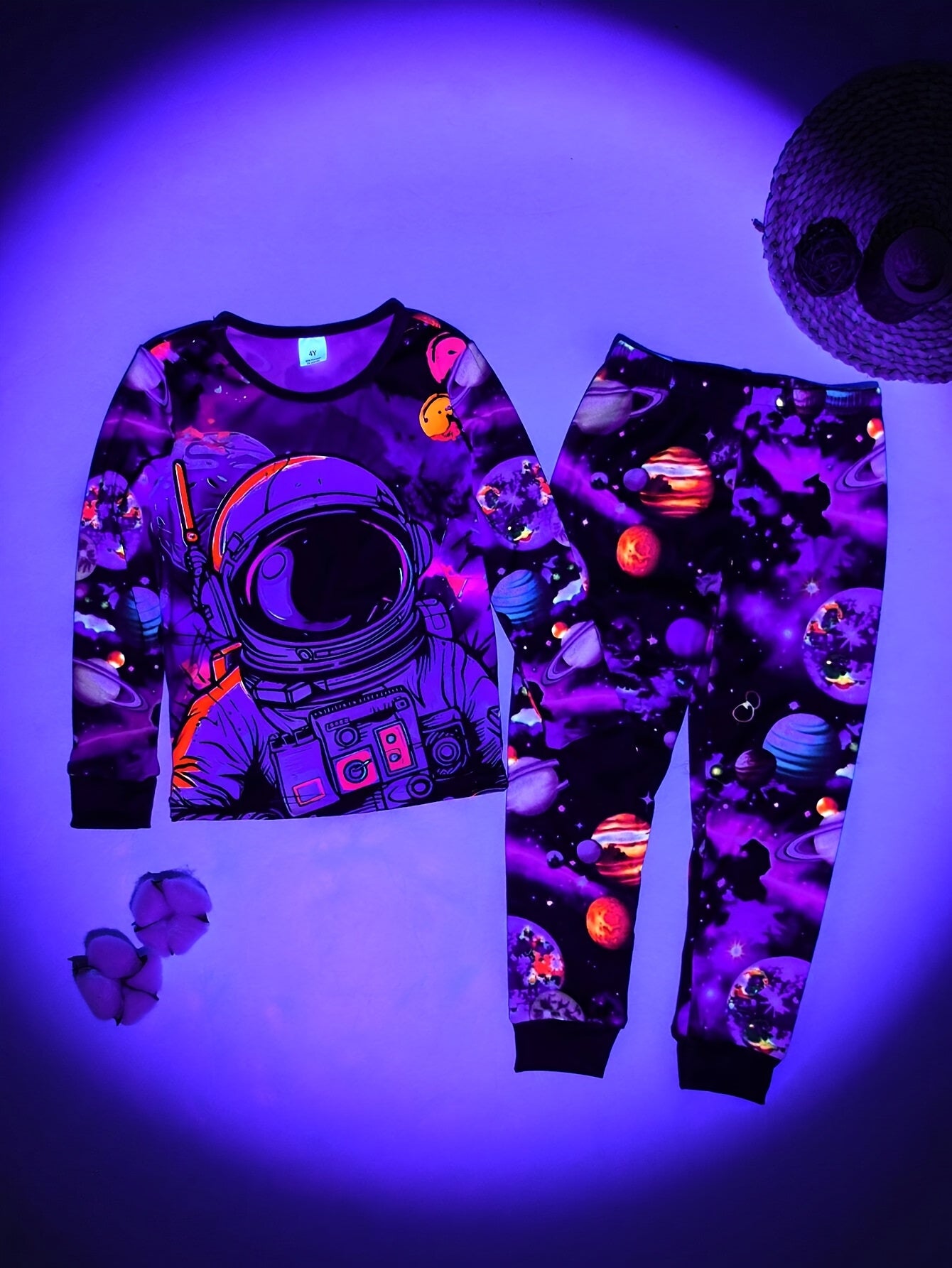 1615 Flame Retardant Men's Youngsters's Luminous Astronaut Print Long Sleeve Long Pants Home Clothes Two-piece Set