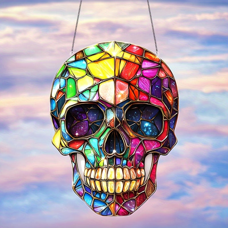 Sugar Skull Acrylic Sun Catcher - 8"x6" Stained Glass-Style Hanging Decor for Home, Garden, and Party - Perfect for Day of the Dead & Holiday Celebrations