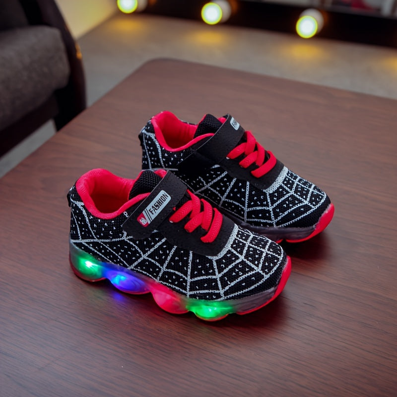 Casual Cool Spider Net Woven Shoes With LED Light For Boys, Breathable Non-slip Sneakers For Walking Running Training