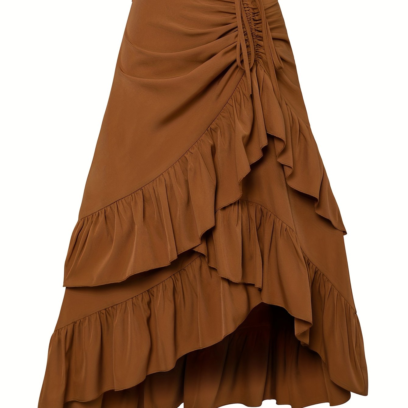 Elegant Ruffle Hem Drawstring Skirt in Solid Color, Polyester, Machine Washable - All Seasons, Fortune Attracting, Leaf Edge