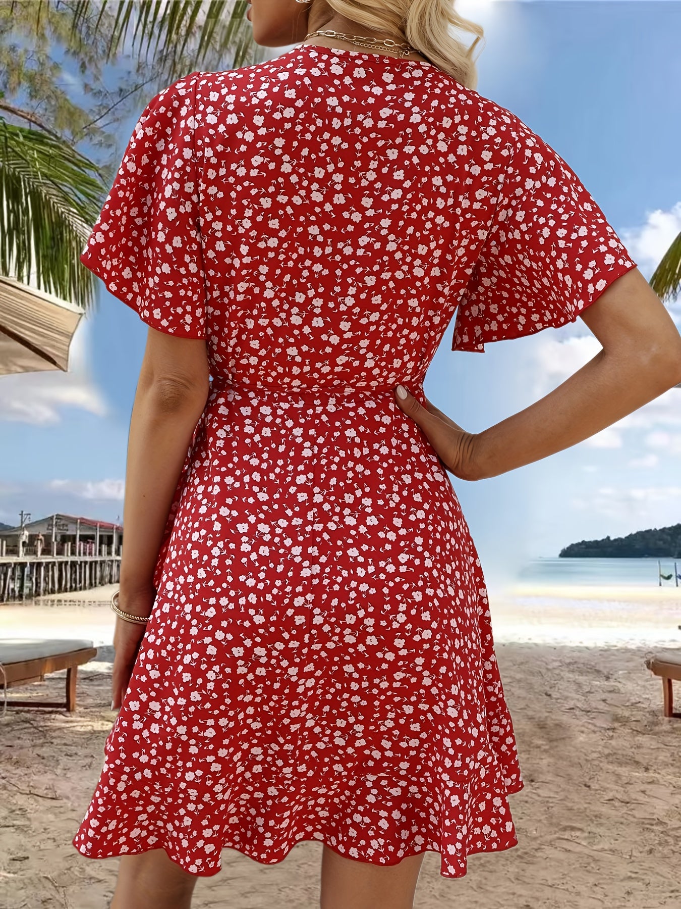 Vibrant Floral Print Ruffle Hem Wrap Dress - Short Sleeve, V-Neck, Sexy, Flowy, Spring & Summer Essential - Women's Clothing for Chic Ladies