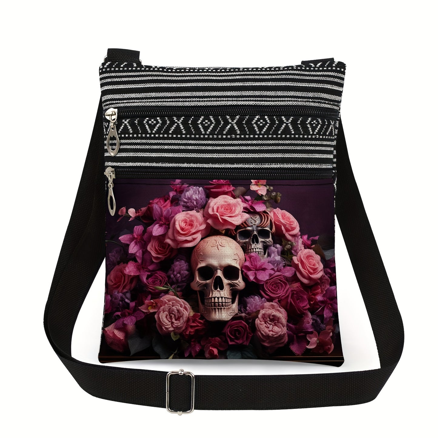 Stylish Skull Print Crossbody Bag with Adjustable Black & White Striped Strap - Durable Polyester, Handwash/Dry Clean, Ideal for Daily Commute, Small Crossbody Bag