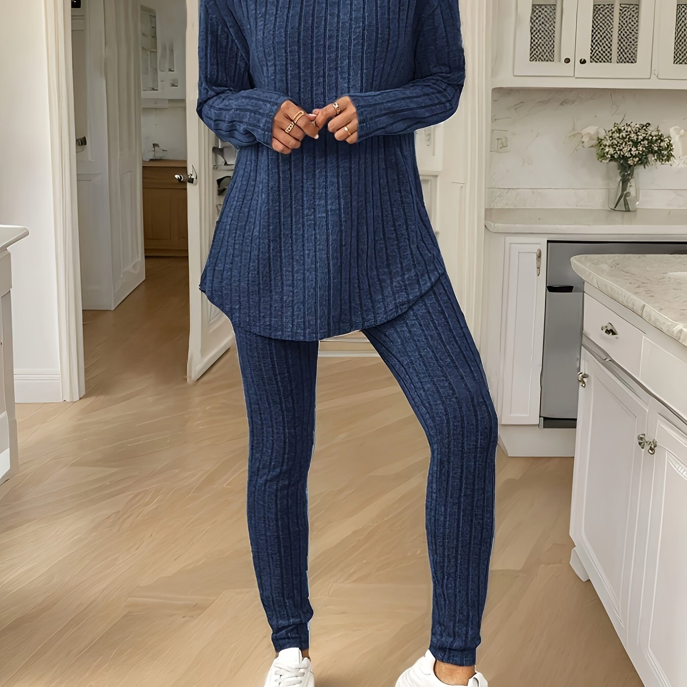 Women'S Fall/Winter Knit Pajama Set, Solid Color Polyester 100% Long Sleeve Crew Neck Loose Fit Vacation Style Pullovers with Pants, Comfortable V-Neck Lounge Suit