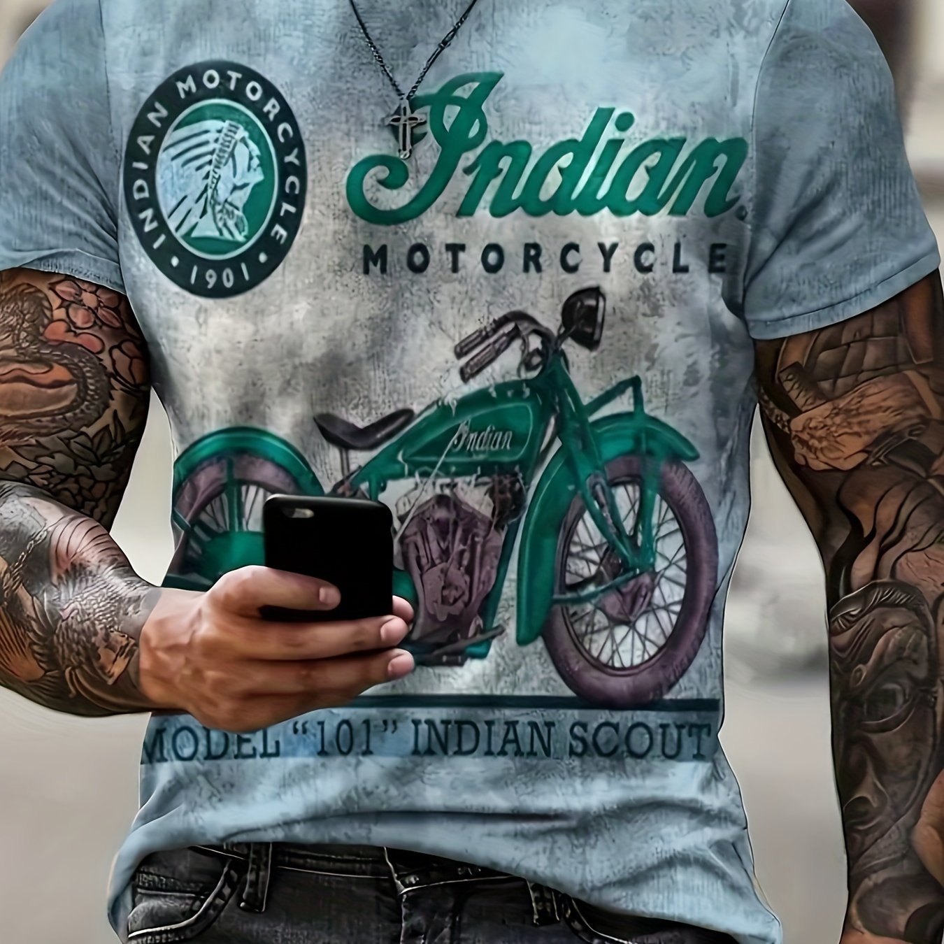 Men's Stylish And Retro Style Motorcycle Pattern And Alphabet Print T-shirt With Crew Neck And Short Sleeve, Fashionable Sports Tops For Summer Outdoors Activities