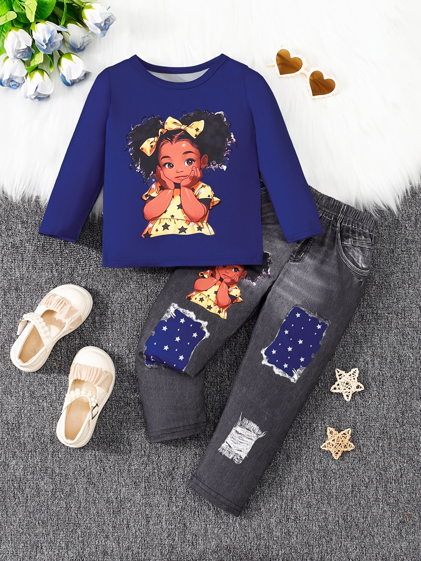 2Pcs Sweet Doll Print Suit Girl's outdoor Long-Sleeve Top + Imitation Denim Effect Leggings Set - Spring & Fall Clothes, Casual Outfits Holiday Sports Gift