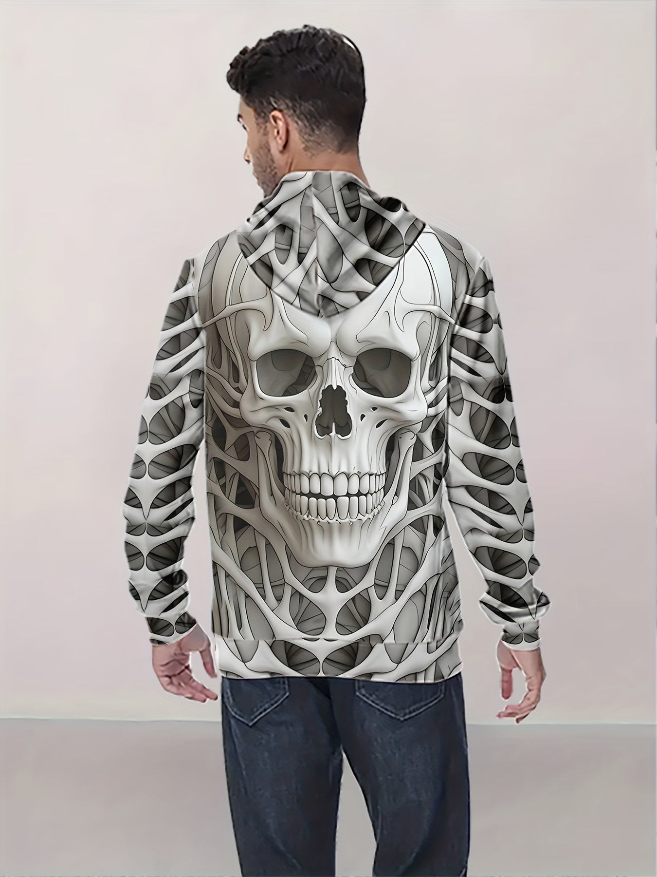 Men's Skull Graphic Print Hoodie, Casual Long Sleeve Hooded Sweatshirt For Outdoor