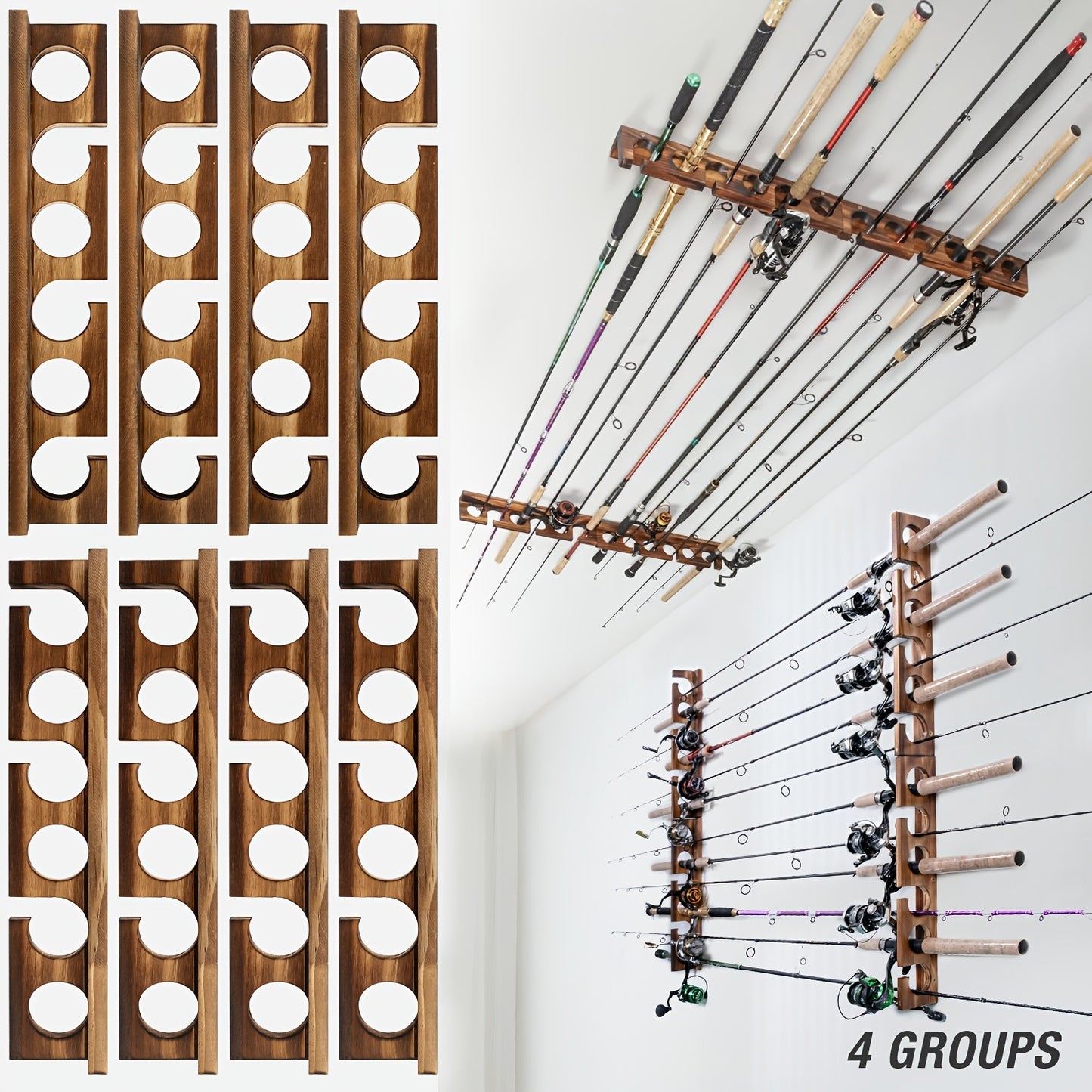 Ghosthorn Premium Wooden Fishing Rod Rack - Holds 12 Rods, Wall/Ceiling Mounted, Ideal for Garage Storage & Organization, Perfect Gift for Anglers on Christmas, Father's Day, Valentine's - Sleek Brown, Fishing Rod Storage