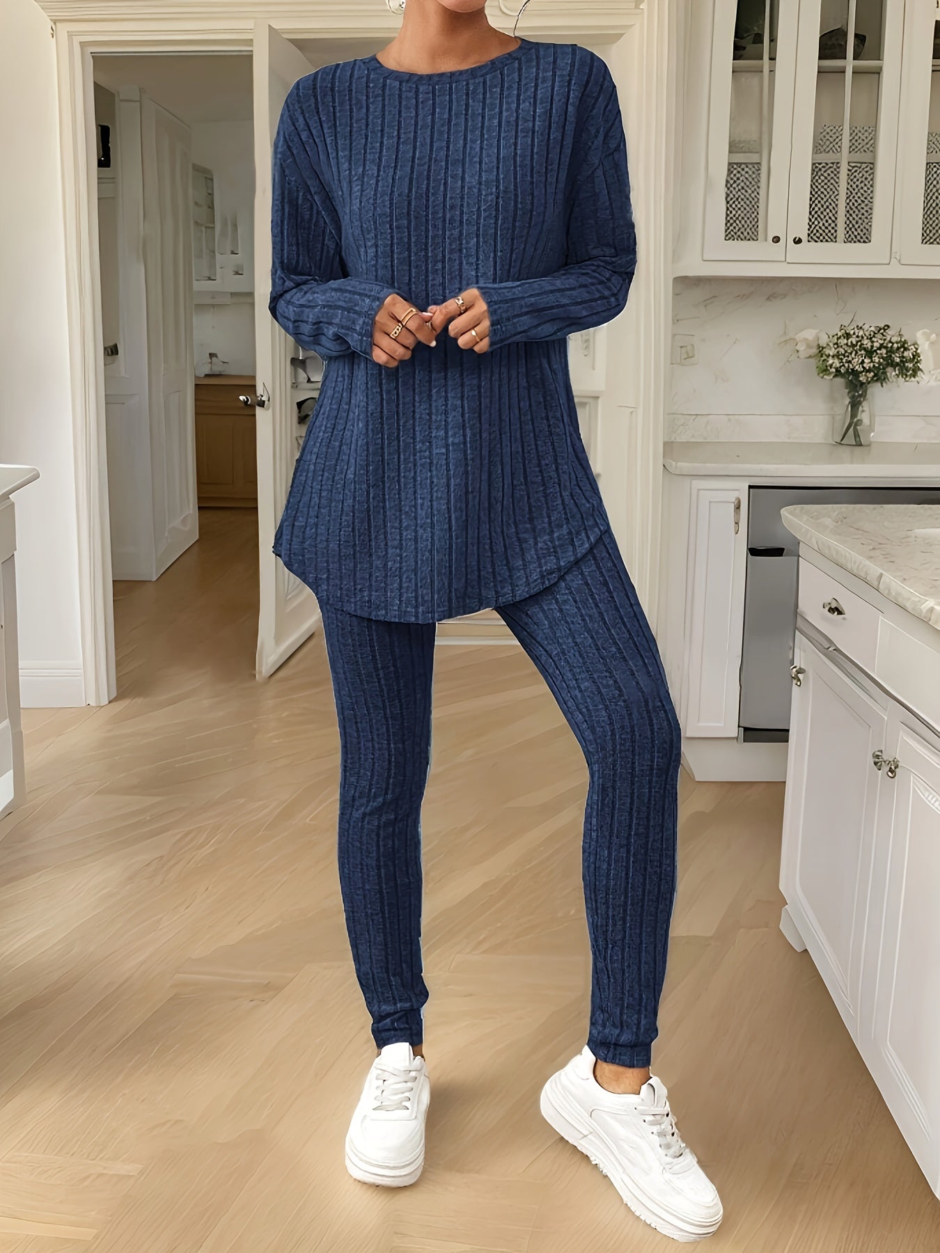 Women'S Fall/Winter Knit Pajama Set, Solid Color Polyester 100% Long Sleeve Crew Neck Loose Fit Vacation Style Pullovers with Pants, Comfortable V-Neck Lounge Suit