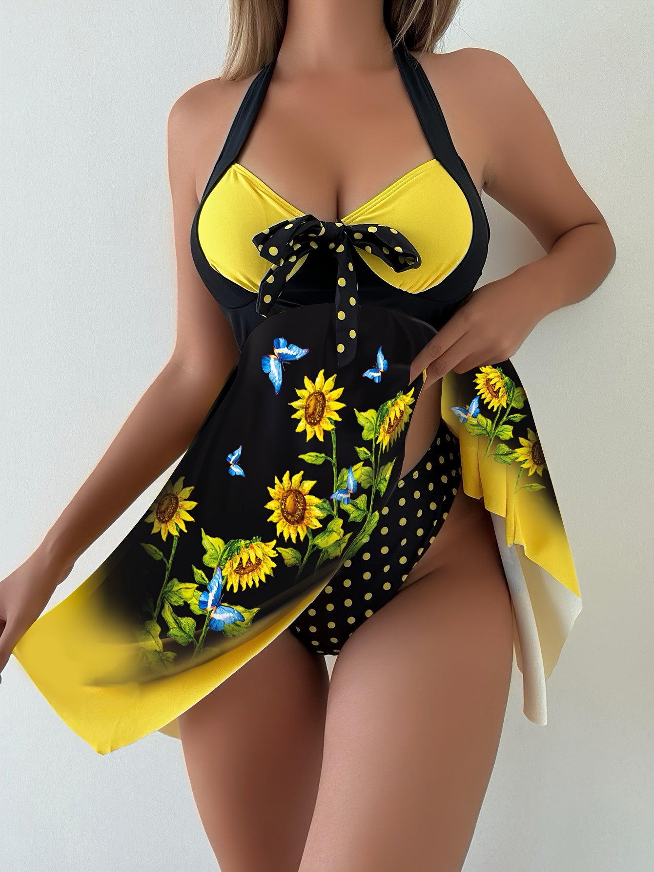 Women's 2 Piece Set Tankini, Sunflower Print And Bow Swim Dress, Dot Print Bottoms, Women's Swimwear & Clothing