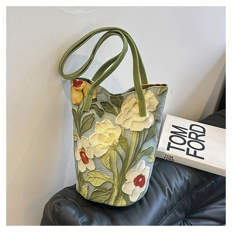 Floral Oxford Cloth Bucket Bag for Women - Stylish Summer Handbag with Oil Painting Flower Design, Large Capacity, Green/Blue/Black, Perfect for Casual Outings, Ladies Handbags