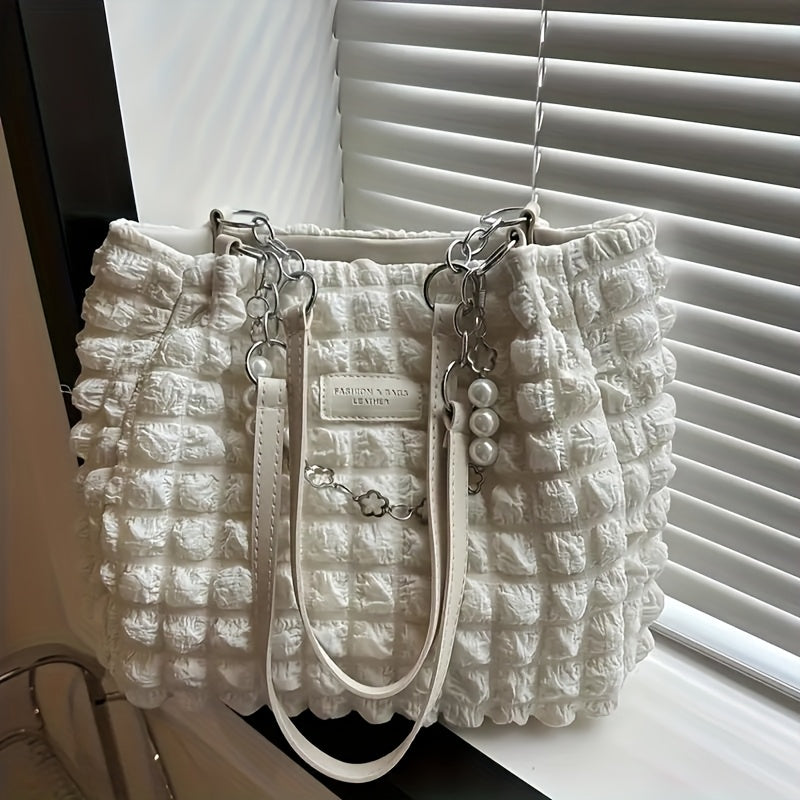 1pc Summer Sweet Clouds Tote Bag, Large Capacity Nylon Shoulder Bag for Women, Soft Handbag with Zipper Closure, 4 Colors (White/Pink/Green/Black), City Theme, Polyester Lining, Perfect for Commuting & Outings