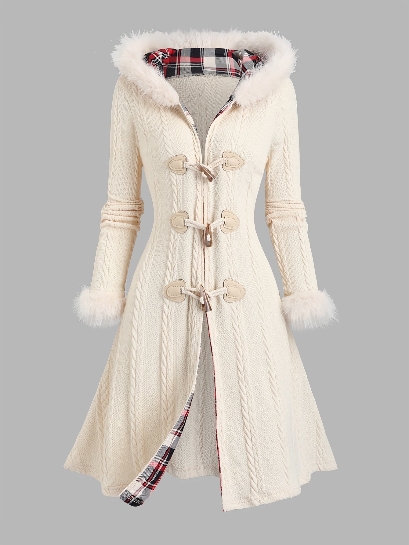 1pc Y2K Style Women'S Hooded Knit Coat, Polyester Long Coat with Faux Fur Trim, Cable Knit Pattern, Plaid Lining, Horn Button Closure, Fall/Winter Fashion