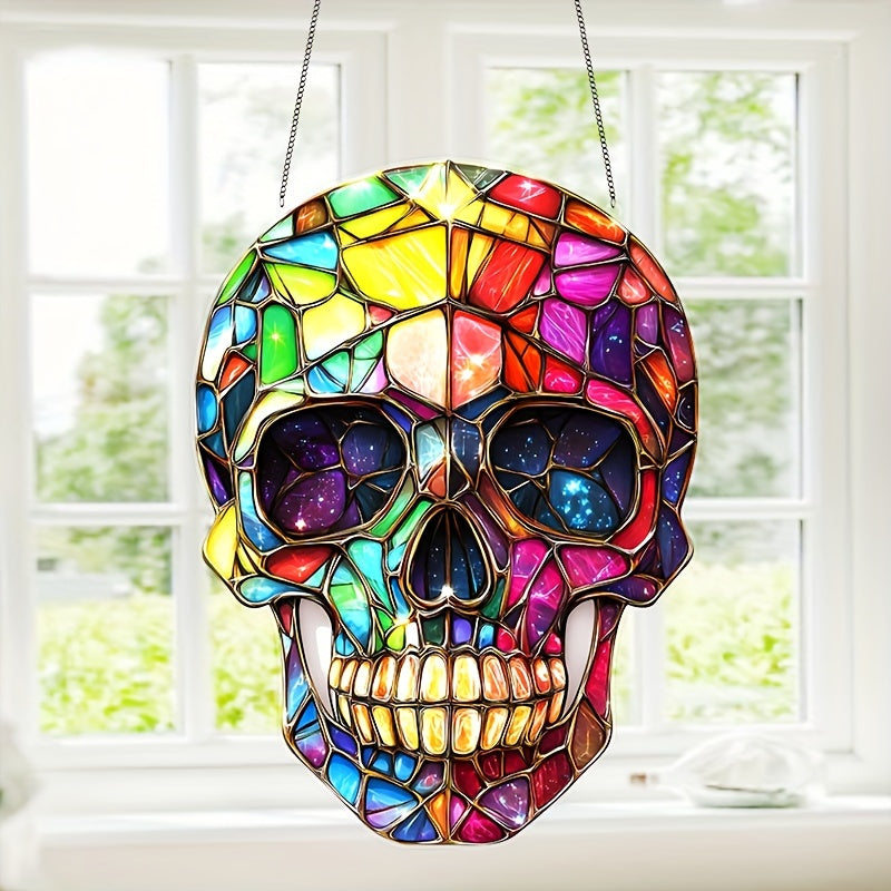 Sugar Skull Acrylic Sun Catcher - 8"x6" Stained Glass-Style Hanging Decor for Home, Garden, and Party - Perfect for Day of the Dead & Holiday Celebrations