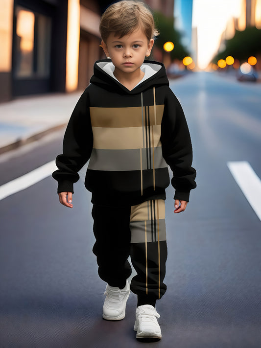 [Machine Washable] Boys' 2pcs Color Block Stripe Hoodie & Joggers Set | Comfortable, Casual | Machine Washable | Outdoor, Spring/Fall