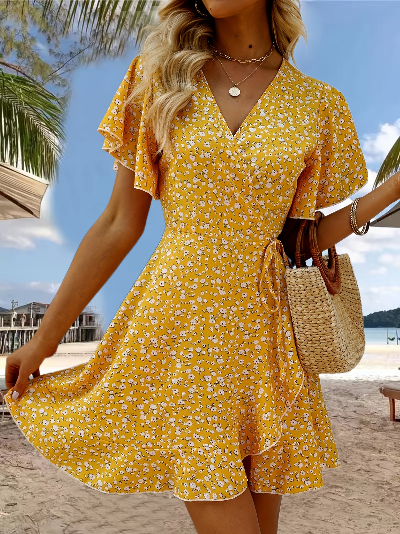 Vibrant Floral Print Ruffle Hem Wrap Dress - Short Sleeve, V-Neck, Sexy, Flowy, Spring & Summer Essential - Women's Clothing for Chic Ladies