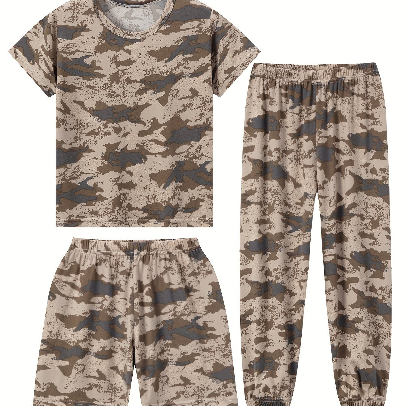 3pcs Boys Camouflage Sets, Comfy Short Sleeve T-shirt + Shorts + Elatsic Waist Pants, Loose Set For 4-14 Years Old In Spring And Summer