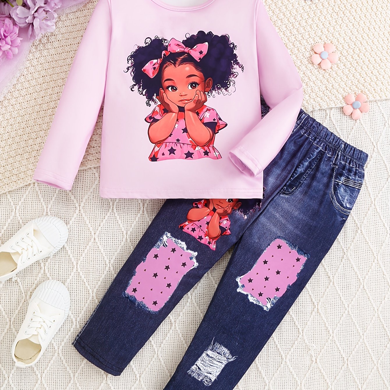 2Pcs Sweet Doll Print Suit Girl's outdoor Long-Sleeve Top + Imitation Denim Effect Leggings Set - Spring & Fall Clothes, Casual Outfits Holiday Sports Gift