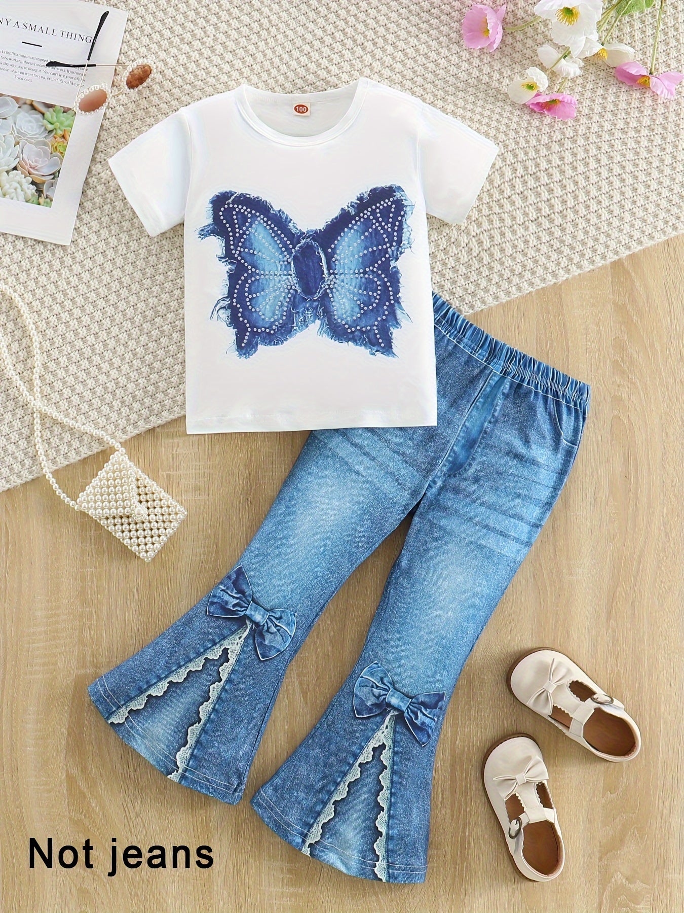 Chic Girls' 2pcs Set: Butterfly Print Short Sleeve Tee & Faux Denim Bell Bottoms - Machine Washable, Spring/Fall, Perfect for Outdoor