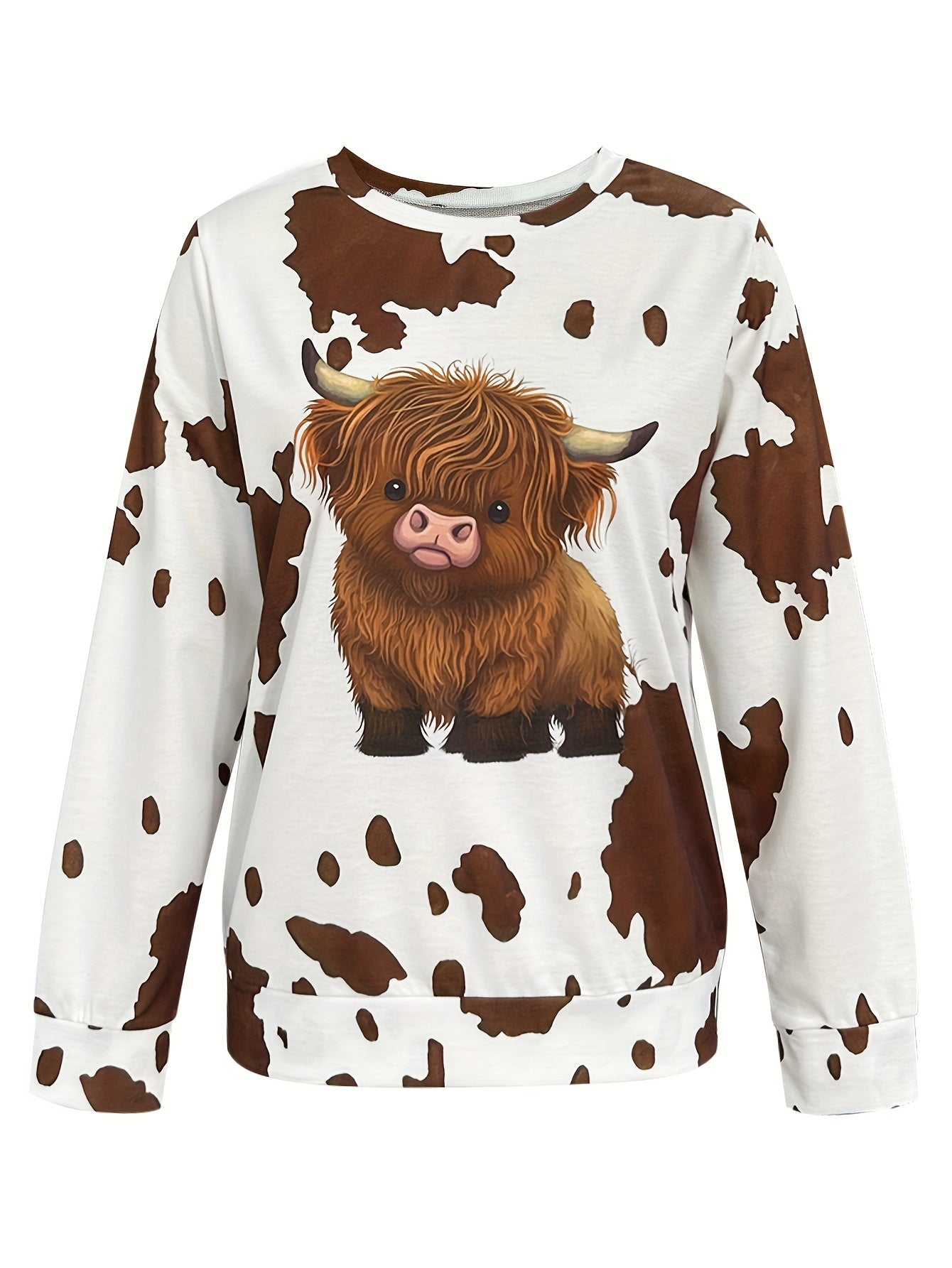 Vintage Style Highland Cow Print Sweatshirt for Women - Polyester Knit Fabric, Casual Round Neck Hoodie with Animal Pattern, Fall/Winter Collection