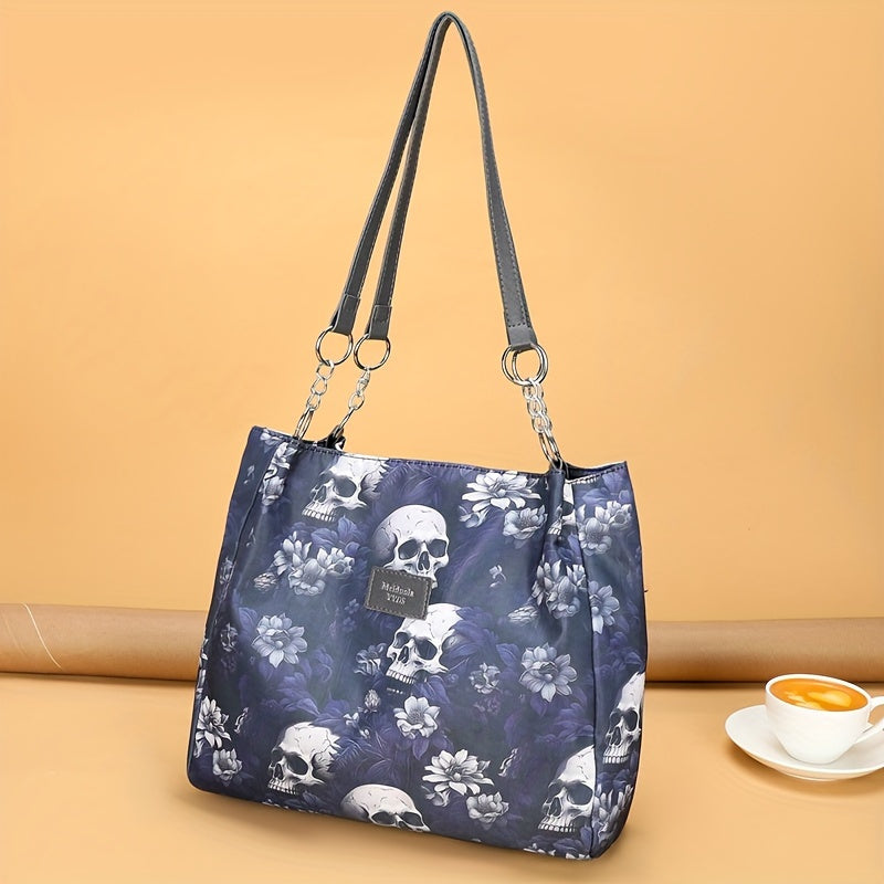 Large Capacity Gothic Skull Pattern Tote Bag - Stylish Commuter Work Handbag with Shoulder Carryall Design, Fashionable and Spacious for Women - Ideal for Daily Use, Travel, and Work