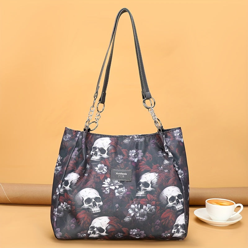 Large Capacity Gothic Skull Pattern Tote Bag - Stylish Commuter Work Handbag with Shoulder Carryall Design, Fashionable and Spacious for Women - Ideal for Daily Use, Travel, and Work