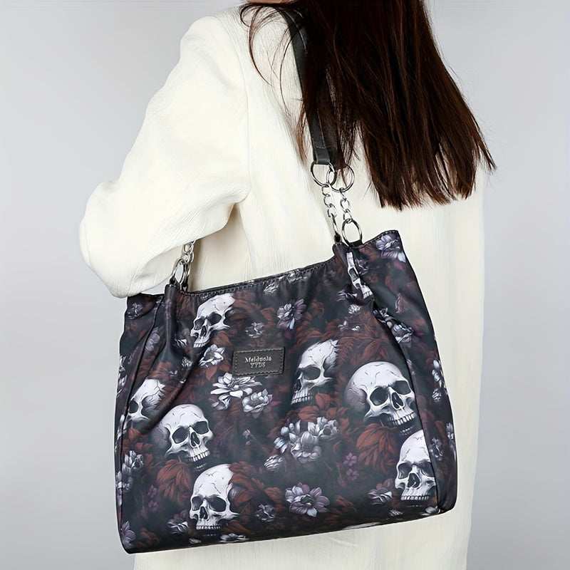 Large Capacity Gothic Skull Pattern Tote Bag - Stylish Commuter Work Handbag with Shoulder Carryall Design, Fashionable and Spacious for Women - Ideal for Daily Use, Travel, and Work