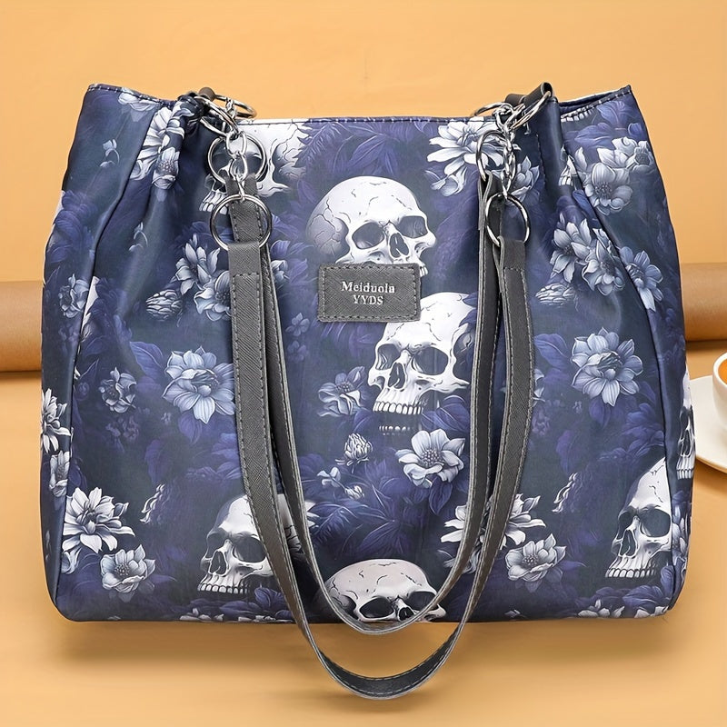 Large Capacity Gothic Skull Pattern Tote Bag - Stylish Commuter Work Handbag with Shoulder Carryall Design, Fashionable and Spacious for Women - Ideal for Daily Use, Travel, and Work