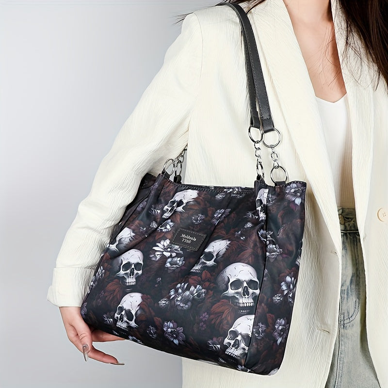 Large Capacity Gothic Skull Pattern Tote Bag - Stylish Commuter Work Handbag with Shoulder Carryall Design, Fashionable and Spacious for Women - Ideal for Daily Use, Travel, and Work