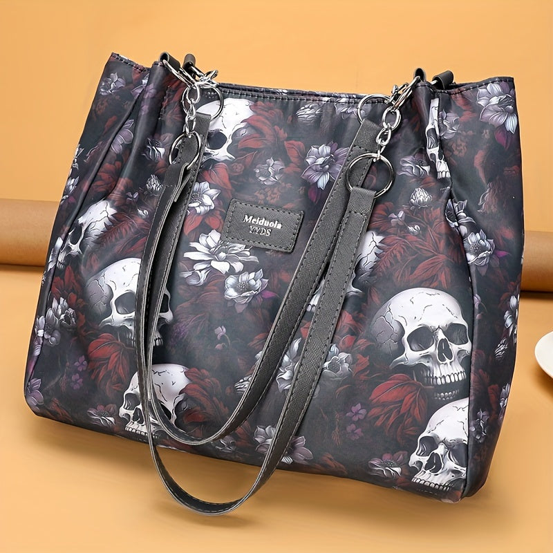 Large Capacity Gothic Skull Pattern Tote Bag - Stylish Commuter Work Handbag with Shoulder Carryall Design, Fashionable and Spacious for Women - Ideal for Daily Use, Travel, and Work