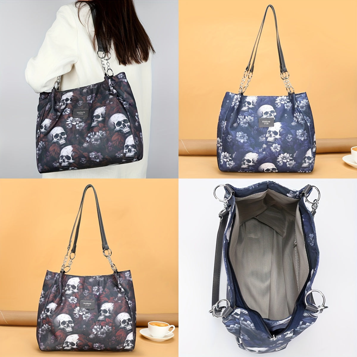 Large Capacity Gothic Skull Pattern Tote Bag - Stylish Commuter Work Handbag with Shoulder Carryall Design, Fashionable and Spacious for Women - Ideal for Daily Use, Travel, and Work