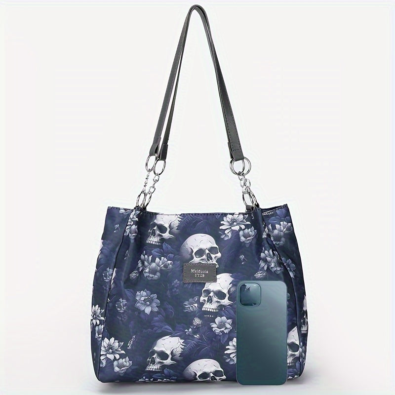 Large Capacity Gothic Skull Pattern Tote Bag - Stylish Commuter Work Handbag with Shoulder Carryall Design, Fashionable and Spacious for Women - Ideal for Daily Use, Travel, and Work