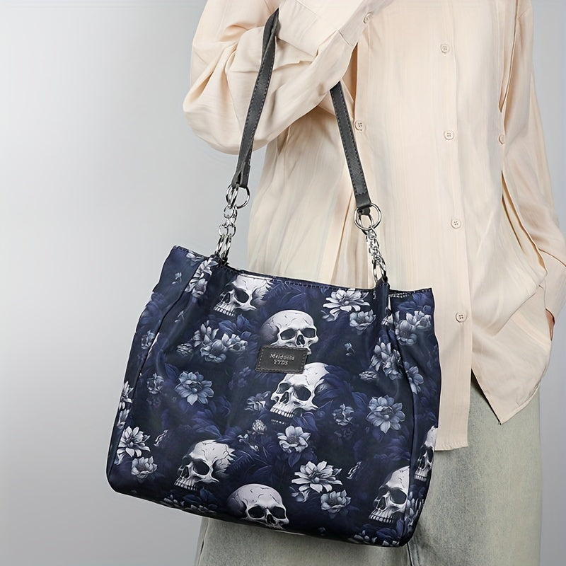 Large Capacity Gothic Skull Pattern Tote Bag - Stylish Commuter Work Handbag with Shoulder Carryall Design, Fashionable and Spacious for Women - Ideal for Daily Use, Travel, and Work