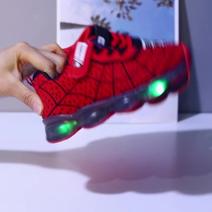 Casual Cool Spider Net Woven Shoes With LED Light For Boys, Breathable Non-slip Sneakers For Walking Running Training