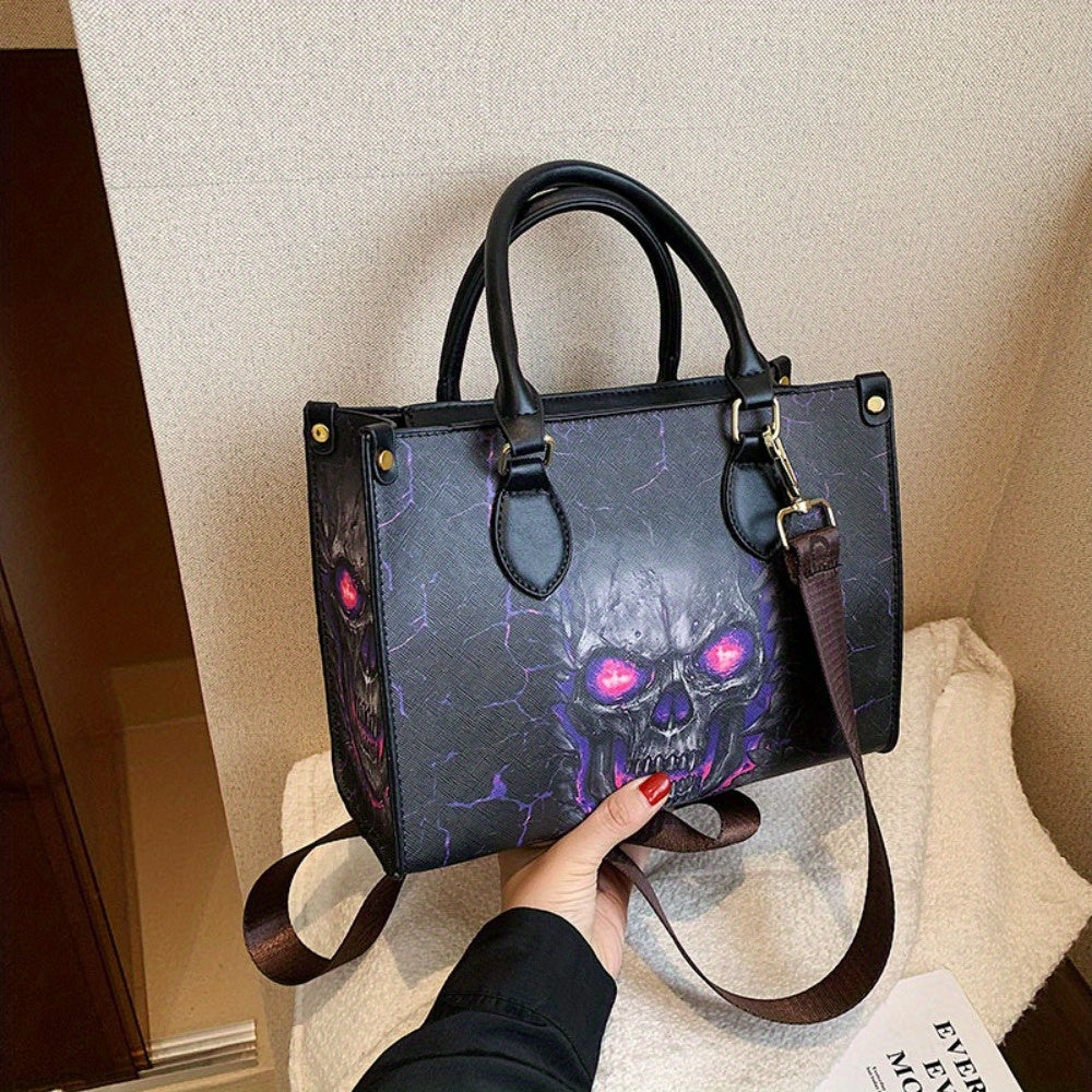 Large Capacity Gothic Skull Print Halloween Tote Bag with Zipper Closure, Women's Shoulder Bag for Spooky Season